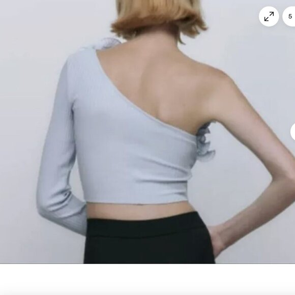 ZARA Flower Top Knit Blouse One Sleeve Asymmetric Top Size L ,Color Blue NWT - Picture 8 of 16